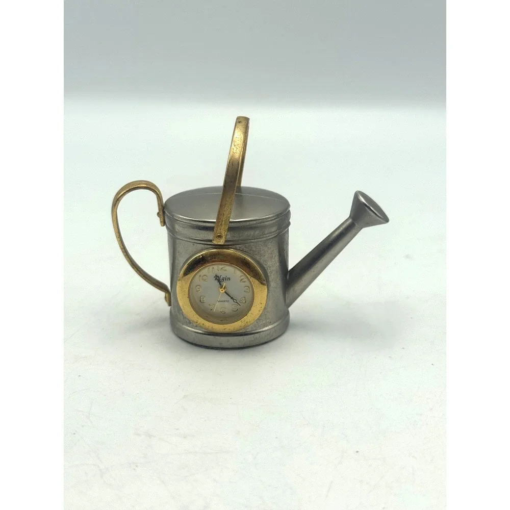 Elgin Miniature Watering Can Desk Clock Quartz Novelty Two Tone Silver Gold